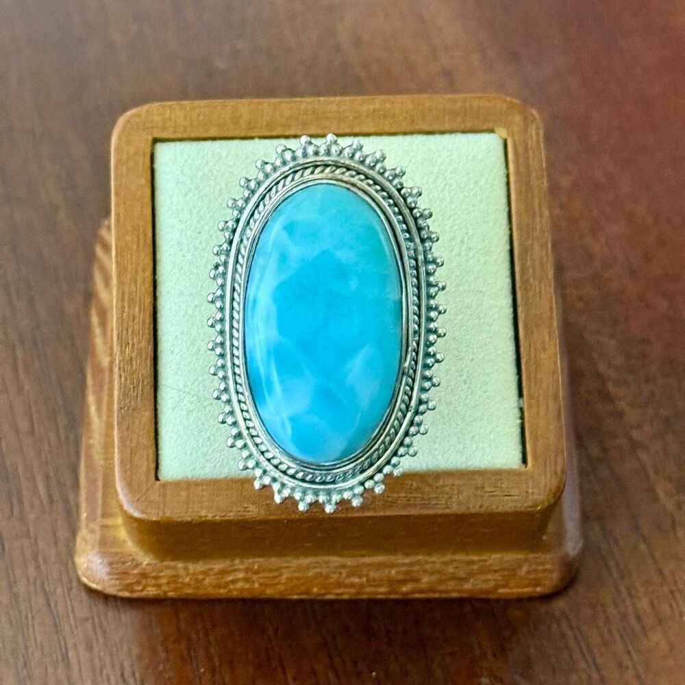 Genuine Large Blue Larimar Oval Sterling Silver Boho Statement Ring Size 7 New